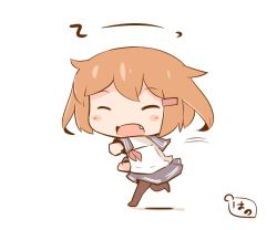 Rule 34 | 10s, 1girl, ^ ^, black pantyhose, blush stickers, brown hair, chibi, clenched hands, closed eyes, commentary request, fang, fighting stance, hair ornament, hairclip, hanomido, ikazuchi (kancolle), kantai collection, leg up, long sleeves, motion lines, neckerchief, open mouth, outstretched arm, pantyhose, red neckerchief, school uniform, serafuku, short hair