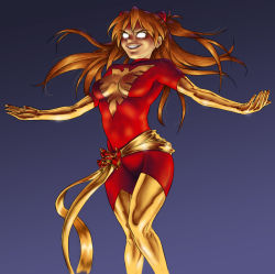 Rule 34 | 1girl, bodysuit, boots, breasts, collaboration, color connection, colorized, cosplay, dark phoenix, dark phoenix (cosplay), drawfag, elbow gloves, eva 02, gloves, glowing, glowing eyes, grin, highres, jean grey, jean grey (cosplay), large breasts, long hair, marvel, matsu-sensei, neon genesis evangelion, orange hair, phoenix (x-men), phoenix (x-men) (cosplay), sash, shiny clothes, skin tight, smile, solo, souryuu asuka langley, thigh boots, thighhighs, x-men