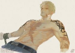 Rule 34 | 1boy, abs, bara, beowulf (fate), blonde hair, facial hair, facial scar, fate/grand order, fate (series), goatee, iduhara jugo, male focus, mature male, muscular, muscular male, navel, nipples, pectorals, red eyes, scar, scar on cheek, scar on chest, scar on face, topless male, short hair, solo, stomach, stubble