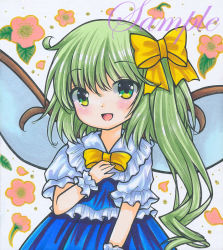 Rule 34 | 1girl, :d, bad id, bad pixiv id, blue dress, bow, bowtie, commentary request, cowboy shot, daiyousei, dot nose, dress, fairy, fairy wings, floral background, flower, flower request, frilled cuffs, frilled dress, frilled shirt collar, frills, green eyes, green hair, hair bow, hand on own chest, long hair, looking at viewer, marker (medium), open mouth, pink flower, puffy short sleeves, puffy sleeves, rui (sugar3), sample watermark, shikishi, short sleeves, side ponytail, smile, solo, standing, touhou, traditional bowtie, traditional media, watermark, white background, wings, wrist cuffs, yellow bow, yellow bowtie