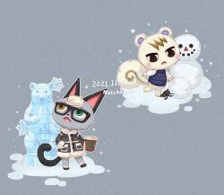 Rule 34 | 2boys, :d, animal crossing, artist name, beetle, black-framed eyewear, black vest, blush, blush stickers, bug, buttons, cat boy, coat, coffee cup, commentary, cup, dated, disposable cup, english commentary, fur-trimmed coat, fur-trimmed sleeves, fur trim, furry, furry male, glasses, green eyes, grey background, grey coat, heterochromia, highres, holding, holding cup, ice, ice sculpture, insect, long sleeves, looking up, male focus, marshal (animal crossing), matchaneko, multiple boys, nintendo, open mouth, raymond (animal crossing), shirt, simple background, smile, snow, snowflakes, snowing, snowman, squirrel boy, standing, vest, white shirt, winter, yellow eyes