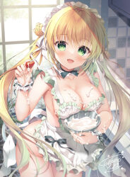 Rule 34 | 1girl, apron, blonde hair, blush, bow, breasts, collar, cream, cream on body, food, fruit, green bow, green eyes, holding, holding food, indoors, large breasts, long hair, looking at viewer, maid headdress, no bra, no panties, open mouth, original, smile, strawberry, suggestive fluid, takano yuki (allegro mistic), twintails, wrist cuffs