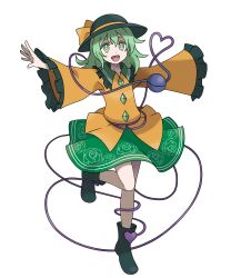 Rule 34 | 1girl, absurdres, asatsuki (fgfff), black footwear, black hat, boots, bow, buttons, collared shirt, commentary request, diamond button, eyeball, floral print, frilled shirt collar, frilled sleeves, frills, full body, green eyes, green hair, green skirt, hair over one eye, hat, hat bow, hat ribbon, heart, heart of string, highres, komeiji koishi, leg up, long sleeves, medium hair, open mouth, outstretched arms, ribbon, rose print, shirt, skirt, sleeves past wrists, solo, standing, standing on one leg, sugimori ken (style), third eye, tiptoes, touhou, transparent background, wide sleeves, yellow ribbon, yellow shirt