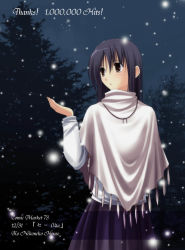Rule 34 | 1girl, black hair, brown eyes, milestone celebration, jewelry, necklace, original, skirt, snow, snowing, solo, stole, takepon