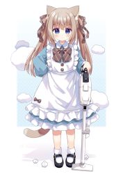 Rule 34 | 1girl, animal ear fluff, animal ears, apron, blue background, blue dress, blue eyes, blush, bow, brown bow, brown hair, brown ribbon, cat ears, cat girl, cat tail, closed mouth, collared dress, commentary request, diagonal-striped bow, dress, frilled apron, frilled dress, frills, hair between eyes, hair ribbon, hand on own hip, highres, holding, long hair, long sleeves, nakkar, original, polka dot, polka dot background, puffy long sleeves, puffy sleeves, ribbon, shadow, solo, tail, twintails, two-tone background, used tissue, vacuum cleaner, white apron, white background