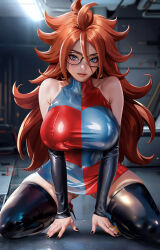 Rule 34 | 1girl, android 21, bare shoulders, blue eyes, breasts, brown hair, checkered clothes, checkered dress, detached sleeves, dragon ball, dragon ball fighterz, dress, earrings, female focus, full body, glasses, gluteal fold, jewelry, kneeling, large breasts, long hair, looking at viewer, nail polish, ring, skindentation, solo, thick thighs, thighhighs, thighs, yiqiang