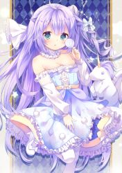 Rule 34 | 1girl, ahoge, aqua eyes, azur lane, bare shoulders, blue dress, bow, breasts, candy, center frills, chestnut mouth, cleavage, commentary request, dress, fingernails, food, frilled dress, frills, hair bun, hair ribbon, head tilt, high heels, highres, holding, holding candy, holding food, holding lollipop, kemonomimi mode, kinokomushi, lolita fashion, lollipop, long hair, long sleeves, looking at viewer, mary janes, nail polish, off-shoulder dress, off shoulder, one side up, pantyhose, parted lips, pastel colors, pink nails, puffy long sleeves, puffy sleeves, purple hair, ribbon, shoes, side bun, single hair bun, single side bun, small breasts, solo, standing, standing on one leg, strapless, strapless dress, stuffed animal, stuffed pegasus, stuffed toy, stuffed unicorn, stuffed winged unicorn, swirl lollipop, unicorn (azur lane), very long hair, white bow, white footwear, white pantyhose, white ribbon