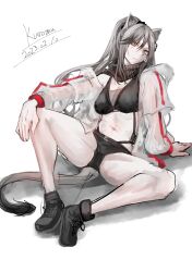 Rule 34 | 1girl, absurdres, animal ears, arknights, artist name, bare legs, black footwear, black scarf, black shorts, breasts, cat ears, cat tail, cleavage, commentary request, crop top, dated, grey hair, highres, jacket, kuromu, large breasts, long hair, long sleeves, looking at viewer, midriff, navel, open clothes, open jacket, scarf, schwarz (arknights), shoes, short shorts, shorts, signature, simple background, solo, stomach, tail, thighs, very long hair, white background, white jacket, yellow eyes
