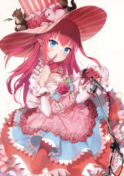 Rule 34 | 10s, 1girl, bad id, bad pixiv id, blue eyes, closed mouth, commentary request, detached sleeves, dress, elizabeth bathory (fate), elizabeth bathory (fate/extra ccc), elizabeth bathory (third ascension) (fate), emyo, fate/extra, fate/extra ccc, fate (series), flower, hair between eyes, hand up, hat, holding, holding microphone, long hair, long sleeves, microphone, pink dress, pink flower, pink hair, pink hat, pink rose, pointy ears, rose, sleeveless, sleeveless dress, smile, solo, striped clothes, striped dress, striped headwear, stuffed animal, stuffed pig, stuffed squirrel, stuffed toy, top hat, vertical-striped clothes, vertical-striped dress, vertical-striped headwear, vertical-stripes, very long hair