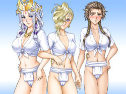 Rule 34 | 3girls, arshtat falenas, bernadette egan, blonde hair, blush, braid, breasts, brown hair, cameltoe, cleavage, cleft of venus, front-tie top, fundoshi, gensou suikoden, gensou suikoden v, japanese clothes, kitamura (bamboo), large breasts, midriff, mizu happi, multiple girls, shirt, sialeeds falenas, silver hair, tied shirt, twintails