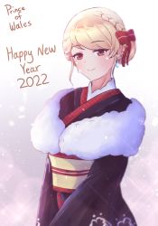 Rule 34 | 1girl, 2022, absurdres, alternate costume, alternate hairstyle, azur lane, black kimono, blonde hair, bow, character name, earrings, fur-trimmed kimono, fur trim, hair bow, happy new year, highres, japanese clothes, jewelry, kimono, looking at viewer, new year, prince of wales (azur lane), pumpkinpaii, red bow, red eyes, sash, solo, standing, upper body, yellow sash