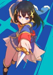 Rule 34 | 10s, 1girl, black hair, blue eyes, boots, commentary, dagger, foreshortening, goe (g-o-e), hair ornament, highres, jacket, kagura hikari, knife, long hair, looking at viewer, outstretched arm, pelisse, perspective, pleated skirt, serious, shoujo kageki revue starlight, skirt, solo, weapon