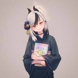Rule 34 | 1girl, aoore x64, black choker, black hair, black kimono, blue archive, blush, bright pupils, choker, closed mouth, demon horns, earclip, flower, gameplay mechanics, grey background, grey hair, grey halo, hair flower, hair ornament, halo, head tilt, holding, holding paper, horns, japanese clothes, kayoko (blue archive), kayoko (new year) (blue archive), kimono, long hair, long sleeves, multicolored hair, obi, obiage, official alternate costume, paper, purple sash, red eyes, sash, smile, solo, upper body