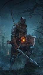 Rule 34 | 1boy, absurdres, armor, arrow (projectile), bare tree, belt, bonfire (dark souls), boots, bow (weapon), brown gloves, chosen undead, commentary, dagger, dark souls (series), dark souls i, english commentary, estus flask, full armor, gloves, greaves, helmet, highres, holding, holding shield, holding sword, holding weapon, knee up, knife, male focus, manuel castanon, armored boots, pauldrons, quiver, scabbard, sheath, shield, shoulder armor, solo, standing, sword, tree, weapon, weapon on back