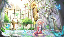 Rule 34 | 1girl, ascot, blonde hair, blush, bug, butterfly, church, clock, cross, day, flandre scarlet, gears, ging1993, hat, hat ribbon, head tilt, indoors, insect, long sleeves, mob cap, moss, partially submerged, red eyes, red ribbon, red skirt, ribbon, ruins, sitting, skirt, smile, socks, solo, sunlight, touhou, tree, wariza, water, white hat, white socks, wings