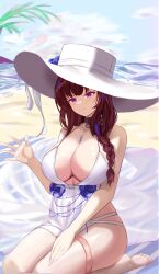 Rule 34 | 1girl, absurdres, beach, beach mat, bikini, blue flower, braid, breasts, brown hair, cleavage, closed mouth, day, earrings, flower, goddess of victory: nikke, hat, hat flower, highres, jewelry, large breasts, large hat, light blush, long hair, mary (bay goddess) (nikke), mary (nikke), ocean, official alternate costume, outdoors, purple eyes, sand, sitting, smile, solo, sun hat, swimsuit, unusually open eyes, water, waving, white bikini, zepiros