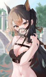 Rule 34 | 1girl, animal ear fluff, animal ears, bare arms, bare shoulders, black bra, blue sky, blurry, blurry background, bow, bow bra, bra, braid, breasts, brown eyes, brown hair, cleavage, day, depth of field, fang, hair between eyes, hand up, heavy breathing, highres, long hair, looking at viewer, medium breasts, mikanagi yuri, muzzle, navel, o-ring, o-ring top, open mouth, original, outdoors, pillar, saliva, sky, sweat, two side up, underwear, underwear only, upper body, very long hair