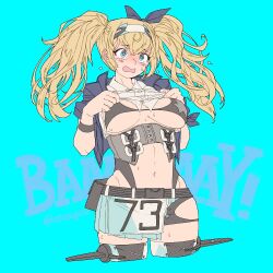 Rule 34 | 1girl, aqua background, black bow, black bra, blonde hair, blue eyes, blue jacket, blush, bow, bra, breasts, breasts apart, collared shirt, commentary request, corset, cropped legs, flying sweatdrops, gambier bay (kancolle), gambier bay mk ii (kancolle), groin, hairband, jacket, kantai collection, large breasts, lifting own clothes, long hair, navel, open mouth, oso (toolate), shirt, solo, sweat, sweatdrop, thighhighs, twintails, twitter username, underwear, wavy mouth, white shirt