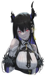 Rule 34 | 1girl, asymmetrical horns, black hair, blue hair, colored inner hair, covered erect nipples, demon horns, fur trim, hair ornament, highres, hololive, hololive english, horns, long hair, looking at viewer, multicolored hair, nerissa ravencroft, nerissa ravencroft (1st costume), red eyes, simple background, smile, solo, uneven horns, virtual youtuber, white background