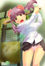Rule 34 | 1girl, absurdres, artbook, baseball bat, breasts, cage, character request, flower, hair flower, hair ornament, highres, open mouth, panties, pantyshot, pink panties, playing sports, purple hair, seguchi takahiro, shirt, shouting, skirt, solo, playing sports, standing, twintails, underwear, upskirt, yellow eyes