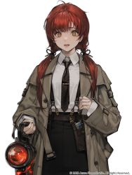 Rule 34 | 1girl, 2022, belt, black necktie, black ribbon, black skirt, blouse, brown belt, brown coat, coat, collared shirt, copyright notice, copyright request, diagonal-striped clothes, diagonal-striped necktie, grey shirt, gun, hair ribbon, highres, holding lamp, holster, holstered, long hair, long sleeves, looking at viewer, low twintails, mole, mole under eye, necktie, open clothes, open coat, open mouth, orange eyes, quuni, red hair, ribbon, shirt, shirt tucked in, skirt, solo, striped clothes, striped necktie, tie clip, twintails, weapon