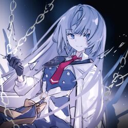 Rule 34 | arcaea, belt, black gloves, blue eyes, blue hair, bow, breasts, buttons, chain, collared shirt, earrings, epaulettes, glass shards, gloves, hair over one eye, highres, insight (arcaea), jewelry, lab coat, light smile, long hair, long sleeves, looking to the side, medium breasts, miyu (miy u1308), necktie, red necktie, shirt, shoulder pads, sidelocks, single earring, single epaulette, white belt, white shirt, yellow bow