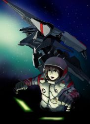 Rule 34 | 1boy, 1other, alternate hair color, black eyes, brown hair, commentary request, flying, formal, hair between eyes, hands up, helmet, highres, humanoid robot, lower teeth only, mecha, military, military vehicle, morito (sidonia no kishi), open mouth, outdoors, piloting, robot, science fiction, short hair, sidonia no kishi, sky, space, spacecraft, spacesuit, star (sky), star (symbol), starry sky, suit, tanikaze nagate, teeth, tsugumori, white helmet, white suit, yona
