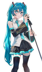 Rule 34 | 1girl, absurdres, bare shoulders, black thighhighs, blue eyes, blue hair, blue nails, blush, commentary, detached collar, hatsune miku, highres, holding, holding microphone, holding microphone stand, long hair, looking at viewer, microphone, microphone stand, necktie, pleated skirt, ramika (ramika0606), simple background, skirt, solo, thighhighs, tie clip, twintails, very long hair, vocaloid, white background, zettai ryouiki