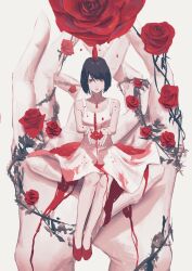 Rule 34 | 1girl, absurdres, black hair, blood, commentary, dress, flower, hand focus, highres, looking at viewer, neg (101neg), original, red eyes, red flower, red footwear, red rose, red theme, rose, short hair, sitting, solo, thorns, white background, white dress