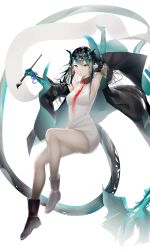 Rule 34 | 1girl, absurdres, arknights, armpits, bare shoulders, black hair, boots, cleavage cutout, clothing cutout, dragon girl, dusk (arknights), full body, green hair, highres, holding, holding paintbrush, horns, multicolored hair, necktie, open mouth, paintbrush, pointy ears, red eyes, solo, tadokoro koji, tail, white background
