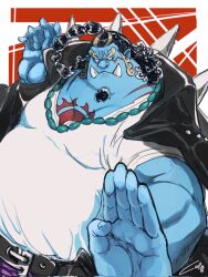 Rule 34 | 1boy, alternate costume, belt, big belly, black belt, black hair, blue skin, coat, coat on shoulders, colored skin, cowboy shot, curly eyebrows, facial hair, fighting stance, fins, fish boy, frown, goatee, highres, ippaiotabe mkw, jinbe (one piece), karate, large pectorals, looking at viewer, male focus, mature male, muscular, muscular male, one piece, outstretched arm, pectoral cleavage, pectorals, pointy ears, ponytail, serious, shirt, solo, spikes, t-shirt, tusks, webbed hands