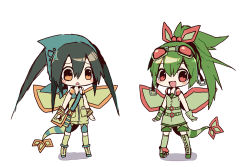Rule 34 | 2girls, alternate color, arms at sides, bag, belt, black hair, blue headwear, blue shorts, blush, blush stickers, boots, chibi, creatures (company), dragon girl, dress, eyewear on head, female focus, flat chest, flygon, full body, game freak, gen 3 pokemon, gloves, goggles, green-framed eyewear, green dress, green footwear, green gloves, green hair, green shorts, green wings, hair between eyes, hair bobbles, hair ornament, hair ribbon, happy, head scarf, lizard tail, long hair, looking at viewer, multiple girls, nintendo, open mouth, orange eyes, personification, pocket, pokemon, ponytail, red-tinted eyewear, red eyes, ribbon, shiny and normal, shiny pokemon, shira (sirairo116), short dress, short shorts, shorts, shorts under dress, shoulder bag, sidelocks, simple background, single glove, sleeveless, sleeveless dress, smile, standing, symmetry, tail, thigh boots, tinted eyewear, white background, wings, wristband