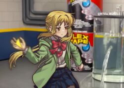 Rule 34 | 1girl, ahoge, artist name, black skirt, blonde hair, bocchi the rock!, bow, bowtie, commentary, cowboy shot, detached ahoge, expressionless, flex tape, green jacket, highres, hood, hood down, hooded jacket, ijichi nijika, indoors, jacket, long sleeves, motion blur, myjet, photo-referenced, photo background, pleated skirt, red bow, red bowtie, shirt, side ponytail, skirt, solo, twitter username, v-shaped eyebrows, water, water tank, white shirt