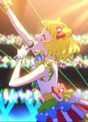 Rule 34 | 1girl, arm up, audience, blonde hair, blue bow, blunt bangs, blurry, blurry background, bow, closed eyes, cone hair bun, curly hair, double bun, dress, facing to the side, frilled dress, frills, from side, hair bow, hair bun, hand up, highres, holding, holding microphone, idol, idol clothes, layered skirt, microphone, minami mirei, multicolored clothes, multicolored dress, open mouth, ponzu ika, pretty series, pripara, profile, red bow, short dress, short hair, skirt, smile, solo