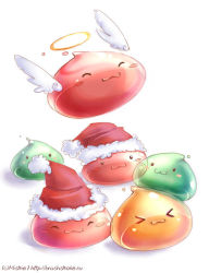 Rule 34 | &gt; &lt;, :3, angel wings, angeling, blush, closed mouth, commentary, drops (ragnarok online), ekaterina orange, english commentary, closed eyes, halo, hat, no humans, poporing, poring, ragnarok online, santa hat, simple background, slime (creature), watermark, web address, white background, wings