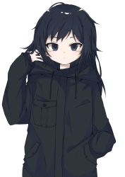 Rule 34 | 1girl, absurdres, black coat, black eyes, black hair, character request, closed mouth, coat, copyright request, drawstring, expressionless, hand in own hair, hand in pocket, highres, hood, hood down, hooded coat, long hair, long sleeves, monochrome background, sasakungoodsize, simple background, white background