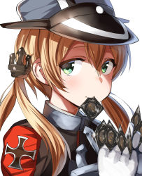 Rule 34 | 1girl, anchor, anchor hair ornament, bad id, bad nicoseiga id, belko, blonde hair, blush, breasts, closed mouth, condom, condom in mouth, cross, gloves, green eyes, hair between eyes, hair ornament, hat, iron cross, jacket, kantai collection, long hair, looking at viewer, medium breasts, military, military hat, military jacket, military uniform, mouth hold, peaked cap, prinz eugen (kancolle), simple background, solo, twintails, uniform, white background, white gloves