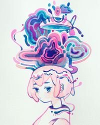 Rule 34 | 1girl, abstract, blue eyes, expressionless, highres, limited palette, looking at viewer, maruti bitamin, original, painting (medium), pink hair, short hair, solo, surreal, traditional media, upper body, watercolor (medium), white background