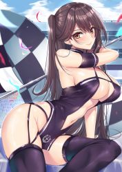Rule 34 | 1girl, absurdres, arm strap, arm up, azur lane, bare hips, bare shoulders, black thighhighs, blush, breasts, brown eyes, brown hair, center opening, checkered flag, cleavage, closed mouth, commentary request, confetti, day, dress, earrings, flag, garter straps, gu li, highres, holding, holding flag, jewelry, large breasts, long hair, looking at viewer, navel, outdoors, race queen, short dress, skindentation, sleeveless, sleeveless dress, smile, solo, stud earrings, thighhighs, very long hair, zuikaku (azur lane), zuikaku (the wind&#039;s true name) (azur lane)