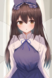 Rule 34 | 1girl, :o, absurdres, aohane, bad id, bad pixiv id, blue dress, bow, breasts, brown eyes, brown hair, dress, fairy wings, frilled bow, frilled shirt collar, frills, grey background, hair between eyes, hair bow, highres, huge filesize, long hair, long sleeves, looking at viewer, medium breasts, parted lips, purple bow, simple background, solo, star sapphire, touhou, very long hair, wings