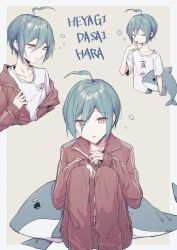 Rule 34 | 1boy, ahoge, border, brown eyes, brushing teeth, closed eyes, closed mouth, collarbone, commentary request, cropped torso, danganronpa (series), danganronpa v3: killing harmony, dressing, goto (sep), green hair, grey shirt, hair between eyes, highres, jacket, knees up, long sleeves, looking at viewer, male focus, multiple views, open mouth, pants, red jacket, red pants, saihara shuichi, shirt, short hair, sitting, sleepy, sleeves past wrists, sportswear, stuffed animal, stuffed dolphin, stuffed toy, toothbrush, translation request, white border, white shirt