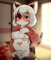 Rule 34 | 1girl, backlighting, blurry, blurry background, blush, body fur, breasts, calico, clothes lift, dagashi (daga2626), door, dot nose, furry, furry female, highres, indoors, kotatsu, light rays, long sleeves, looking at viewer, medium breasts, micro bra, navel, original, panties, plump, room, side-tie panties, solo, sweater, table, tatami, underwear, whiskers, window