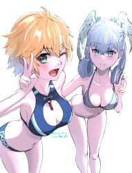 Rule 34 | 2girls, absurdres, alternate costume, bikini, blonde hair, blue eyes, blush, braid, breasts, cleavage, cleavage cutout, clothing cutout, cowlick, crown braid, curly hair, dated, fiora (xenoblade), green eyes, grey hair, hand up, head wings, highres, large breasts, leaning forward, medium breasts, medium hair, melia antiqua, mercury xeno, multiple girls, official alternate costume, one eye closed, open mouth, short hair, signature, simple background, smile, swimsuit, v, white background, wings, xenoblade chronicles (series), xenoblade chronicles 1