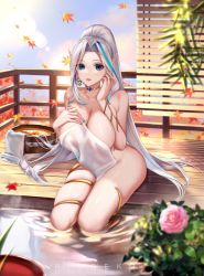 Rule 34 | 1girl, artist name, bare shoulders, bathing, blue eyes, blue hair, blue nails, blurry, bokeh, breasts, bucket, cleavage, cloud, collarbone, commentary, covered erect nipples, covering privates, depth of field, earrings, eyebrows, eyelashes, flower, forehead, grey hair, high ponytail, highres, huge breasts, jewelry, leaf, long hair, looking at viewer, maple leaf, multicolored hair, nail polish, naked towel, nude cover, open mouth, original, outdoors, parted bangs, pink flower, pink rose, plant, ringeko-chan, rose, shadow, sky, solo, sunlight, symbol-only commentary, teeth, thigh strap, thighs, towel, upper teeth only, white hair, wooden bucket