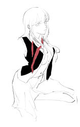 Rule 34 | 1girl, black vest, chinese commentary, collared shirt, commentary request, haoxiangkan nutong, highres, kyou wa kanojo ga inai kara, long hair, looking at viewer, navel, necktie, open clothes, open shirt, parted lips, partially colored, red necktie, shirt, sidelocks, simple background, skirt, solo, stomach, taki fuuko, undone necktie, vest