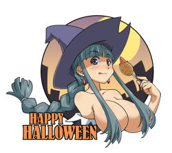 Rule 34 | 1girl, :q, aqua hair, bare shoulders, blue eyes, blush, braid, breasts, candy, censored, cleavage, convenient censoring, earrings, english text, face, haganemaru kennosuke, hair censor, hair over breasts, halloween, happy halloween, hat, huge breasts, jewelry, lollipop, long hair, looking at viewer, moon, shaped lollipop, solo, tongue, tongue out, witch hat