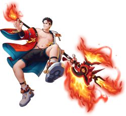 Rule 34 | 1boy, abs, artist request, bara, bare pectorals, black hair, fighting stance, fire, gauntlets, gyee, halberd, headband, highres, japanese clothes, jewelry, key, kimono, looking at another, male focus, male underwear, manly, muscular, muscular male, necklace, nipples, official art, pectorals, polearm, shoes, shorts, smile, socks, solo, spiked hair, sven (gyee), teeth, transparent background, underwear, weapon