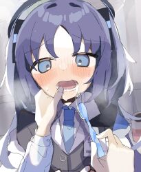 Rule 34 | 1girl, blue archive, blue eyes, blue necktie, blush, brushing another&#039;s teeth, cezf28, commentary request, highres, holding, holding toothbrush, necktie, nose blush, open mouth, pov, pov hands, purple hair, solo focus, teeth, toothbrush, upper body, yuuka (blue archive)