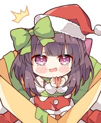 Rule 34 | 1girl, blush stickers, bound, bound wrists, bow, brown hair, chibi, christmas, commentary, dress, english commentary, fallenshadow, fur-trimmed dress, fur-trimmed headwear, fur trim, hair bow, hat, highres, indie virtual youtuber, kukie-nyan, long hair, looking at viewer, notice lines, pink eyes, red dress, red hat, ribbon, ribbon bondage, santa costume, santa dress, santa hat, sleeveless, sleeveless dress, solo, virtual youtuber