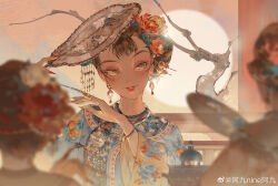 3girls absurdres ajiu_nine_ajiu architecture backlighting blurry bonsai bracelet brown_hair chinese_clothes claw_ring depth_of_field earrings east_asian_architecture hair_up hand_fan hanfu highres jewelry multiple_girls necklace original smile solo_focus sun sunset yellow_eyes